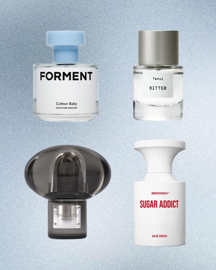 Perfume bottles from Forment, Tenui, Tamburins, and Borntostandout