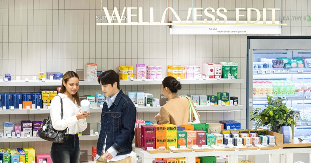 Customers browsing the wellness section at Olive Young