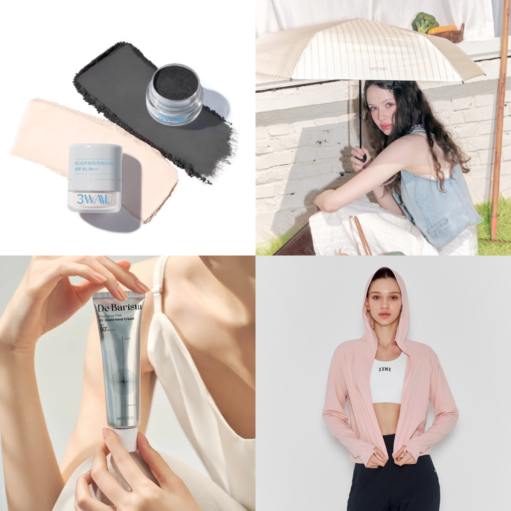 3WAAU scalp sun powder, Kenopi parasol, De Barista UV hand cream, Xexymix UV jacket
