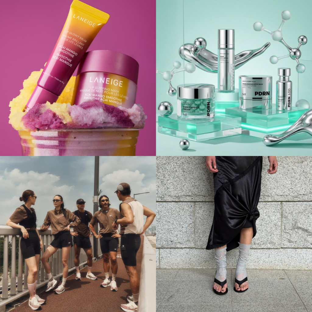 A collage featuring Laneige Lip Mask, VT PDRN skincare line, a Korean running crew, and flip-flop socks