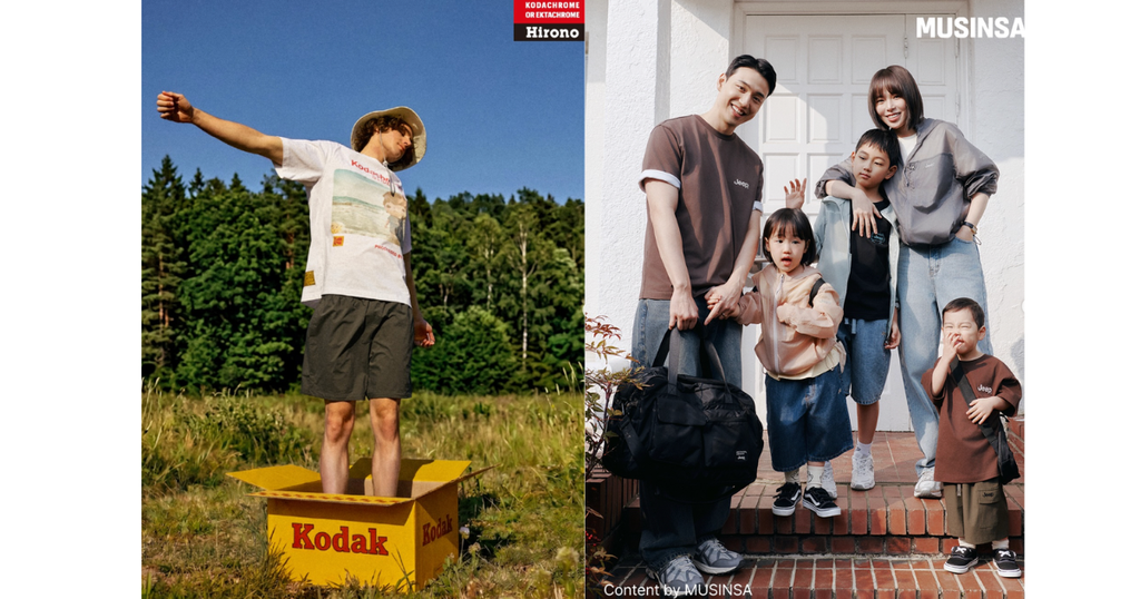 A composite visual featuring a retro Kodak Apparel campaign alongside a Jeep Wear family lookbook photo.