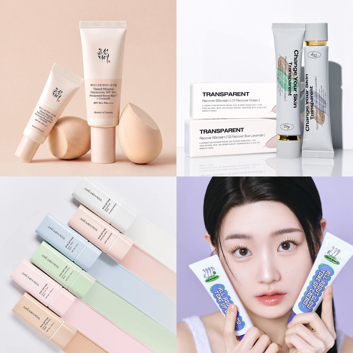 Collage showing the Beauty of Joseon Tinted Mineral Dayscreen, Tooq Transparent Recover BB Cream, Jungsaemmool Skin Setting Base, and Chasing Rabbits All About Glow Tone Up Cream