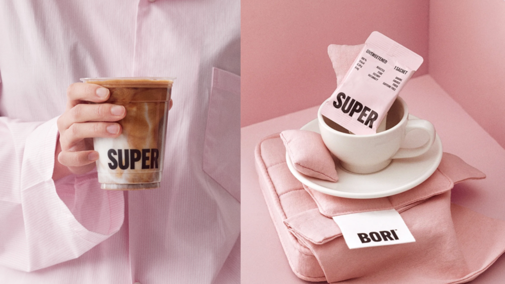 A collage of SUPER MATCHA's Super Bori drink and sachet