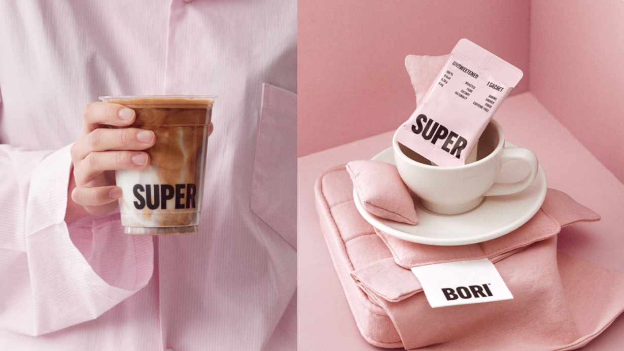 A collage of SUPER MATCHA's Super Bori drink and sachet
