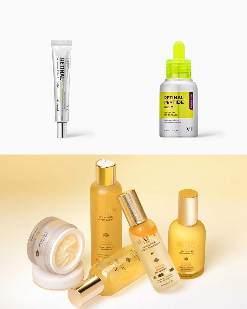 Collage showing VT's Retinal Pro Cream 0.05 and Retinal Peptide Serum, and d'Alba's Vita line