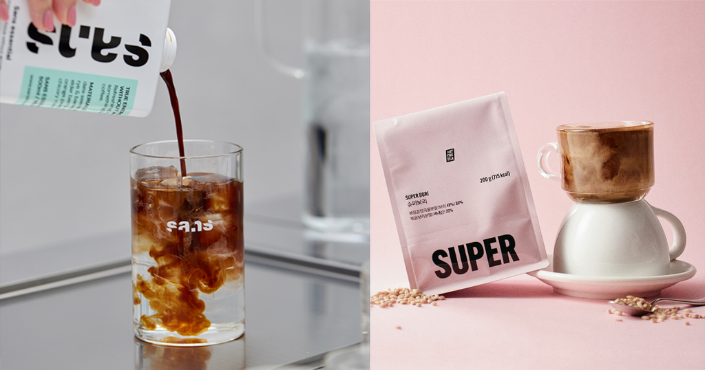 Collage of SANS Foundry and their non-caffeinated coffee drink and SUPER MATCHA's Super Bori product