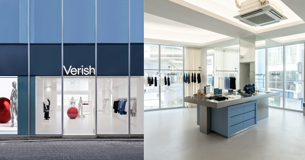 A collage showing the exterior of Verish's store in Myeongdong and inside the store
