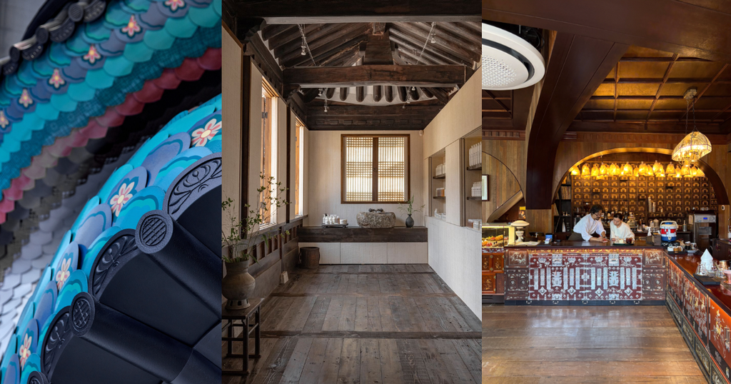 A collage of photos showing the interior of Zara's flagship store in Gangnam, Korea, the inside of Le Labo's Hanok-style store in Bukcheon, and Coffee Hanyakbang.