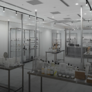 Inside of a skincare store that has a clinical lab-looking interior design.