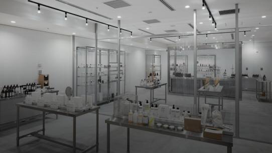 Inside of a skincare store that has a clinical lab-looking interior design.