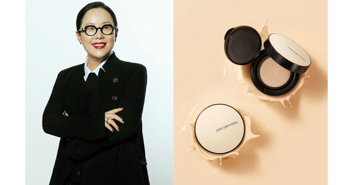 A collage of Jung Saem Mool posing for the camera and Jungsaemmool Essential Nuder Skin Cushion
