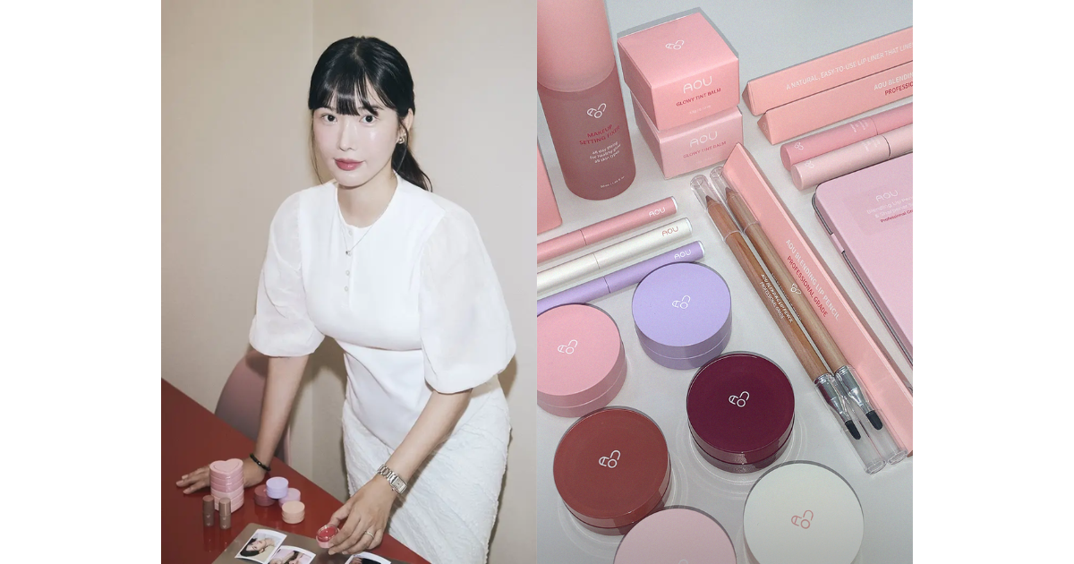A collage of Jo Eun Bi, founder of AOU, and AOU products